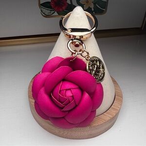 Fuchsia Pink Floral Keychain Bag Charm Gold Accents Vegan Leather Boho Fairycore